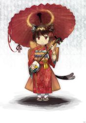 Rule 34 | 1girl, :3, absurdres, alternate costume, animal ears, bracelet, brown hair, cat ears, cat tail, chen, floral background, floral print, full body, gradient background, hair ornament, highres, instrument, japanese clothes, jewelry, kimono, long sleeves, looking at viewer, multiple tails, obi, oil-paper umbrella, plectrum, pmx, red eyes, sandals, sash, shamisen, short hair, solo, tail, touhou, umbrella