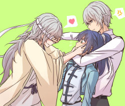 Rule 34 | 3boys, anger vein, bandages, blue hair, blush, chinese clothes, duanmu luoyue, duanmu xi, green background, green eyes, heart, highres, long hair, male focus, multiple boys, ponytail, simple background, spiritpact, white background, white hair, yang jinghua, yaoi