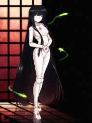 Rule 34 | 1girl, black hair, blue eyes, breasts, completely nude, doll joints, hotaru (konshin), joints, konshin, long hair, monster girl, no nipples, no pussy, nude, original, solo, tattoo, very long hair