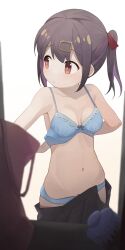 Rule 34 | 1girl, arms behind back, bare arms, bare shoulders, black hair, black skirt, blue bra, blue panties, bra, breasts, brown hair, clothes pull, collarbone, colored inner hair, commentary, expressionless, groin, hair ornament, hair ribbon, hairclip, highres, hiroki (yyqw7151), locker, looking away, looking to the side, medium breasts, multicolored hair, navel, onii-chan wa oshimai!, open clothes, open skirt, oyama mihari, panties, pleated skirt, purple hair, red eyes, red ribbon, ribbon, short hair, skirt, skirt pull, solo, stomach, streaked hair, string bra, twintails, two-tone hair, underwear, undressing