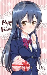 Rule 34 | 10s, 1girl, bad id, bad pixiv id, blazer, blue hair, blush, box, brown eyes, dated, gift, gift box, happy valentine, jacket, long hair, looking at viewer, love live!, love live! school idol project, nas (nassy58), school uniform, smile, solo, sonoda umi, valentine
