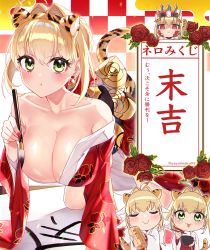 Rule 34 | 2girls, absurdres, ahoge, animal ears, animal print, bad id, bad twitter id, blonde hair, blush, breasts, calligraphy brush, chibi, chopsticks, cleavage, commentary request, crown, fate/extra, fate/grand order, fate (series), green eyes, hair intakes, highres, japanese clothes, kimono, large breasts, looking at viewer, multiple girls, nero claudius (fate), nero claudius (fate) (all), nero claudius (fate/extra), open mouth, paintbrush, pout, queen draco (fate), red eyes, tail, tiger ears, tiger print, tiger tail, translation request, yayoi maka
