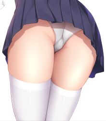 Rule 34 | 1girl, absurdres, ass, blue skirt, from behind, highres, original, panties, pleated skirt, san zhi chun, signature, simple background, skindentation, skirt, solo, thighhighs, thighs, underwear, white background, white panties, white thighhighs