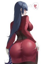 1girl absurdres ass back black_bodysuit blue_hair blunt_bangs blush bodysuit bodysuit_under_clothes breasts creatures_(company) crop_top dark_blue_hair game_freak gloves hands_on_own_hips heart highres hime_cut jacket large_breasts long_hair long_sleeves nintendo pantyhose pencil_skirt pokemon pokemon_frlg red_eyes red_jacket red_skirt sabrina_(pokemon) side_slit skirt solo spoken_heart turtleneck turtleneck_jacket white_gloves xepp5422