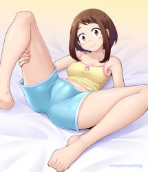 Rule 34 | 10s, 1girl, barefoot, blush stickers, boku no hero academia, bow, breasts, brown eyes, brown hair, closed mouth, collarbone, crotch seam, fat mons, female focus, geewhy, highres, looking at viewer, lying, medium breasts, on back, shiny skin, shirt bow, shorts, smile, solo, spread legs, tank top, uraraka ochako, watermark, web address