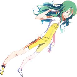 Rule 34 | 1boy, black eyes, closed mouth, dutch angle, fingerless gloves, full body, furrowed brow, gloves, green hair, hand in own hair, jacket, knees, long hair, looking at viewer, makishima yuusuke, male focus, shoes, short sleeves, shorts, simple background, smile, sneakers, soccer uniform, solo, sportswear, usamata, white background, white footwear, white gloves, white sleeves, yellow jacket, yellow shorts, yowamushi pedal, zipper, zipper pull tab