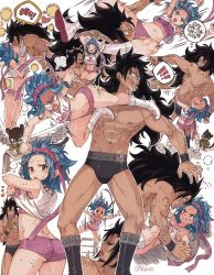 Rule 34 | !, !!, 1boy, 1girl, abs, alternate costume, arms up, ass, belt, blue hair, blush, bulge, cat, couple, fairy tail, from behind, gajeel redfox, grin, heart, hetero, holding, holding belt, holding person, kiss, kneehighs, levy mcgarden, looking back, medium hair, muscular, muscular male, navel, open mouth, pantherlily, pink shorts, rusky, shirt, shorts, smile, socks, spoken exclamation mark, sweat, teeth, topless male, undressing, white background, white legwear, white shirt, wings, wrestling, wrestling outfit