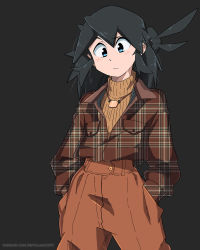 Rule 34 | 1girl, black background, black hair, blue hair, blush, brown jacket, brown pants, brown sweater, cowboy shot, fashion, hands in pockets, high-waist pants, highres, jacket, jewelry, long hair, long sleeves, lucia (scott malin), necklace, original, pants, plaid, plaid jacket, scott malin, shirt tucked in, simple background, solo, sweater