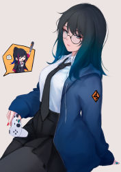 Rule 34 | &gt; &lt;, 2girls, :d, > <, baseball bat, black-framed eyewear, black hair, black jacket, black legwear, black neckwear, black skirt, blue hair, blue jacket, blue nails, breasts, collared shirt, controller, drawstring, game controller, glasses, gradient hair, grey eyes, highres, holding, holding baseball bat, hood, hood down, hooded jacket, jacket, long sleeves, medium breasts, metal baseball bat, multicolored hair, multicolored nails, multiple girls, nail polish, necktie, open clothes, open jacket, open mouth, original, pantyhose, pink hair, red nails, round eyewear, shimmer, shirt, sitting, skirt, sleeves past wrists, smile, speech bubble, streaked hair, white shirt, xd