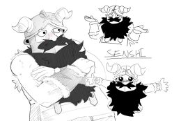 Rule 34 | 1boy, beard, collage, crossed arms, dom doggo, dungeon meshi, dwarf, expressions, facial hair, fake horns, greyscale, helmet, horned helmet, horns, long beard, looking ahead, male focus, monochrome, outstretched arms, pleading eyes, senshi (dungeon meshi), shrugging, spread arms, thick mustache, very long beard