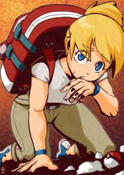 Rule 34 | 1girl, :o, all fours, backpack, backpacker (pokemon), bag, belt, black belt, blonde hair, blue eyes, blue footwear, blush, breasts, brown pants, chawalit adsawawalanon, creatures (company), eyes visible through hair, game freak, high ponytail, highres, looking at viewer, medium breasts, nail polish, nintendo, npc trainer, open mouth, outline, pants, pink nails, pocket, poke ball, poke ball (basic), pokemon, pokemon sm, ponytail, shirt, shoes, short hair, short ponytail, short sleeves, sneakers, solo, sweat, teeth, triangle mouth, white shirt, wristband