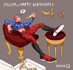 Rule 34 | 1boy, abs, animal print, argyle, argyle clothes, argyle sweater, blush, couch, crop top, eating, food, footstool, guido mista, gun, handgun, happy birthday, hat, holding, holding food, holding pizza, jojo no kimyou na bouken, male focus, midriff, musical note, on chair, on couch, pizza, pizza box, pizza slice, revolver, sex pistols (stand), solo, spoken musical note, sweater, tasse jj, tiger print, vento aureo, weapon
