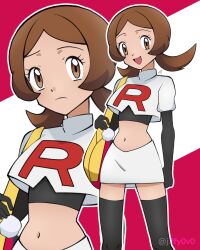 Rule 34 | 1girl, :d, absurdres, alternate costume, bag, black gloves, black shirt, boots, brown eyes, brown hair, commission, cosplay, creatures (company), cropped jacket, elbow gloves, eyelashes, game freak, gloves, handbag, highres, holding strap, jacket, jessie (pokemon), jessie (pokemon) (cosplay), jiffy0v0, logo, long hair, lyra (pokemon), multiple views, navel, nintendo, open mouth, parted bangs, pixiv commission, pokemon, pokemon (anime), pokemon dppt (anime), shirt, skirt, smile, solo, team rocket, team rocket uniform, thigh boots, twintails, white jacket, white skirt, yellow bag