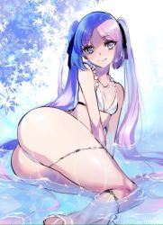 Rule 34 | 1girl, between breasts, breasts, brown legwear, crotch, crotch seam, euryale (fate), fate/grand order, fate/hollow ataraxia, fate (series), foreshortening, from behind, from below, hair over one eye, large breasts, looking at viewer, mash kyrielight, necktie, necktie between breasts, open mouth, panties, purple eyes, purple hair, short hair, solo, sunlight, underwear, upskirt, white panties
