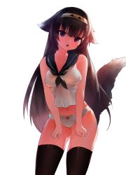 Rule 34 | 1girl, :o, absurdres, bad id, bad pixiv id, bare arms, bare shoulders, black neckerchief, black sailor collar, bow, bow panties, breasts, breasts squeezed together, brown hair, brown thighhighs, collarbone, dokomon, fang, fingernails, girls&#039; frontline, hair between eyes, hair flaps, hairband, head tilt, highres, kemonomimi mode, long hair, medium breasts, navel, neckerchief, no pants, open mouth, panties, purple eyes, sailor collar, school uniform, serafuku, shirt, simple background, sleeveless, sleeveless shirt, solo, super sass (girls&#039; frontline), tail, tail raised, thighhighs, underwear, very long hair, white background, white panties, white shirt