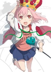 Rule 34 | 10s, 1girl, bad id, bad twitter id, blue skirt, blush, brown eyes, cape, crown, fur trim, gotyou, holding, holding staff, jacket, koharu yoshino, looking up, open clothes, open jacket, open mouth, pink hair, sakura quest, shoes, sketch, skirt, smile, sneakers, solo, staff, teeth