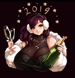 Rule 34 | 1girl, 2019, alcohol, bare shoulders, beryl (junkpuyo), black dress, blue eyes, blush, bodystocking, breasts, champagne, champagne bottle, champagne flute, cup, dress, drinking glass, earmuffs, feather boa, halterneck, happy new year, head tilt, highres, huge breasts, jewelry, junkpuyo, lips, long hair, looking at viewer, medium hair, necklace, new year, original, pendant, purple hair, see-through, smile, solo, strapless, strapless dress, swept bangs