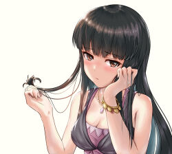 Rule 34 | 1girl, absurdres, acelroiutdh, bare shoulders, black dress, black hair, blunt bangs, blush, bracelet, breasts, brown eyes, cleavage, closed mouth, dress, furrowed brow, hand in own hair, highres, holding, holding own hair, idolmaster, idolmaster cinderella girls, jewelry, kurokawa chiaki, long hair, looking at viewer, medium breasts, necklace, pink dress, playing with own hair, sleeveless, sleeveless dress, solo, upper body, white background
