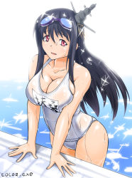 Rule 34 | 1girl, alternate costume, arm support, black hair, breasts, cleavage, cocoa (cocoa0191), collarbone, covered navel, day, from above, fusou (kancolle), goggles, goggles on head, hair between eyes, hair ornament, headgear, kantai collection, large breasts, long hair, looking at viewer, name tag, old school swimsuit, one-piece swimsuit, open mouth, outdoors, partially submerged, pool, poolside, red eyes, refraction, school swimsuit, smile, solo, standing, swimsuit, wet, wet clothes, white school swimsuit, white one-piece swimsuit