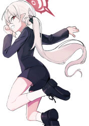 Rule 34 | 1girl, black footwear, black shorts, blue archive, blush, formal, grey hair, grin, halo, highres, long hair, long sleeves, mutsuki (blue archive), mutsuki (suit) (blue archive), official alternate costume, pointy ears, ponytail, red eyes, red halo, shoes, shorts, simple background, smile, socks, solo, suit, tetuw, white background, white socks