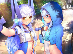 Rule 34 | 2girls, bad id, bad pixiv id, blonde hair, blue eyes, blue hoodie, blush, breasts, collarbone, commentary request, covered navel, hair ornament, highres, hood, hoodie, le fantasque (warship girls r), le terrible (warship girls r), long hair, looking at another, looking at viewer, multiple girls, navel, outdoors, ray (pixiv9514208), small breasts, warship girls r