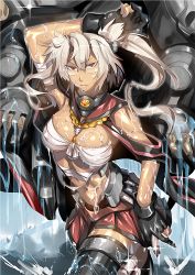 Rule 34 | 10s, 1girl, blonde hair, breasts, budget sarashi, dark-skinned female, dark skin, fingerless gloves, glasses, gloves, headgear, kantai collection, long hair, looking at viewer, musashi (kancolle), personification, red eyes, sarashi, sexually suggestive, solo, suggestive fluid, takaraizu, twintails, water, yao (appare 2140)