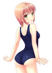 Rule 34 | 1girl, :p, arched back, ass, bare arms, bare shoulders, blush, breasts, brown hair, from behind, green eyes, ki (kk-sk-ray), looking at viewer, looking back, old school swimsuit, one-piece swimsuit, original, school swimsuit, shiny skin, short hair, simple background, solo, swimsuit, tongue, tongue out, white background