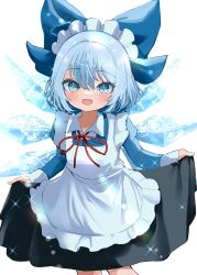 Rule 34 | 1girl, absurdres, alternate costume, apron, black dress, blue bow, blue dress, blue eyes, blue hair, blush, bow, cirno, cirno day, dress, enmaided, fairy, fang, hair between eyes, hair bow, highres, ice, ice wings, juliet sleeves, long sleeves, maid, maid apron, maid headdress, mikan (manmarumikan), open mouth, puffy sleeves, short hair, simple background, skin fang, smile, solo, touhou, white apron, white background, wings