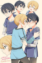 Rule 34 | 2boys, :d, ama mi, blue shirt, blush, brown pants, child, closed eyes, collarbone, commentary request, copyright name, cowboy shot, dated, eugeo, eye contact, green eyes, green shirt, grin, highres, kirito, layered sleeves, long sleeves, looking at another, looking at viewer, multiple boys, multiple views, open mouth, pants, parted lips, shirt, short hair, short over long sleeves, short sleeves, signature, simple background, smile, sword art online, teeth