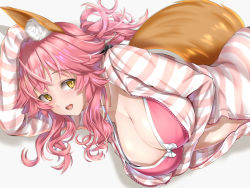 Rule 34 | 1girl, animal ear fluff, animal ears, blush, breasts, cleavage, fate/extra, fate (series), fox ears, fox girl, fox tail, highres, kamehito, large breasts, long hair, long sleeves, looking at viewer, official alternate costume, open mouth, pink hair, smile, solo, striped clothes, striped sweater, sweater, tail, tamamo (fate), tamamo no mae (fate/extra), tamamo no mae (spring casual) (fate), yellow eyes