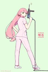 Rule 34 | &gt;:), 1girl, akashi (kancolle), alternate costume, brand name imitation, character name, dated, drill, green background, green eyes, hair ribbon, highres, holding, kantai collection, long hair, nakaaki masashi, pants, pink hair, pink pants, pink shirt, power drill, power tool, red ribbon, ribbon, shirt, short sleeves, simple background, smile, solo, sparkle, tress ribbon, twitter username, v-shaped eyebrows, white footwear