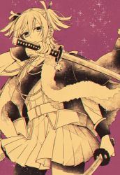 Rule 34 | 1girl, aiguillette, arm at side, belt, belt buckle, buckle, chromatic aberration, closed mouth, commentary, cowboy shot, daiba nana, dual wielding, expressionless, fur-trimmed jacket, fur trim, hair between eyes, hair ribbon, hand up, holding, holding sword, holding weapon, jacket, jacket on shoulders, katana, light particles, long sleeves, looking at viewer, miniskirt, momoiro, monochrome, pink background, pleated skirt, ribbon, sash, short hair, short twintails, shoujo kageki revue starlight, simple background, skirt, solo, sparkle, spot color, standing, sword, twintails, weapon
