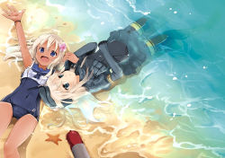 Rule 34 | 10s, 2girls, arm up, beach, black legwear, blonde hair, blue eyes, blush, commentary request, crop top, cropped jacket, dress, dual persona, flower, garrison cap, gradient background, hair flower, hair ornament, hat, kantai collection, long hair, lying, military, military uniform, multiple girls, nerokuro, ocean, on back, one-piece tan, open mouth, pantyhose, puffy sleeves, ro-500 (kancolle), sailor collar, school swimsuit, smile, swimsuit, swimsuit under clothes, tan, tanline, torpedo, u-511 (kancolle), uniform