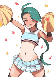 Rule 34 | 1girl, absurdres, ahoge, alternate costume, bright pupils, cheerleader, commentary request, confetti, cowboy shot, creatures (company), cropped shirt, earrings, game freak, green hair, highres, holding, holding pom poms, inaiti ina, jewelry, legs apart, long hair, midriff, navel, nintendo, open mouth, pleated skirt, pokemon, pokemon sv, pom pom (cheerleading), pom poms, ponytail, rika (pokemon), shirt, skirt, sleeveless, sleeveless shirt, solo, tan, tanline, thighhighs, white background, white pupils