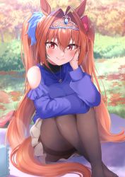 Rule 34 | 1girl, alternate costume, animal ears, blue shirt, blush, bow, brown hair, brown pantyhose, brown skirt, closed mouth, clothing cutout, daiwa scarlet (umamusume), hair bow, hair intakes, hair ornament, highres, horse ears, horse girl, horse tail, jewelry, long hair, long sleeves, looking at viewer, necklace, outdoors, pantyhose, red bow, red eyes, shaka (staito0515), shirt, shoulder cutout, sitting, skirt, smile, solo, tail, tiara, twintails, umamusume