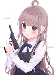 Rule 34 | 1girl, ahoge, black dress, blush, brown hair, chikuwa., closed mouth, collared shirt, commentary, dress, dress shirt, flying sweatdrops, grey eyes, gun, handgun, hands up, highres, holding, holding gun, holding weapon, long hair, long sleeves, looking at viewer, one side up, original, pistol, plaid, plaid dress, shirt, sleeveless, sleeveless dress, solo, sweat, symbol-only commentary, two-handed, unmoving pattern, upper body, very long hair, walther, walther p38, weapon, white background, white shirt
