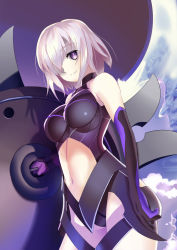 Rule 34 | 1girl, black gloves, black leotard, breasts, breasts apart, cowboy shot, day, elbow gloves, fate/grand order, fate (series), gloves, hair over one eye, holding, holding shield, large breasts, leotard, mash kyrielight, midriff, navel, purple eyes, shield, shiki (love-saber), silver hair, smile, solo, standing, stomach