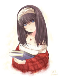 Rule 34 | 10s, 1girl, black hair, blue eyes, blush, book, book stack, breasts, hairband, holding, holding book, idolmaster, idolmaster cinderella girls, jewelry, long hair, necklace, off-shoulder, off-shoulder sweater, off shoulder, onion (lemlaml), ribbed sweater, sagisawa fumika, shawl, sketch, smile, solo, sweater