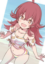 Rule 34 | 1girl, ahoge, beach, bikini, blush, breasts, collarbone, commentary, hair between eyes, hair flaps, highres, idolmaster, idolmaster shiny colors, komiya kaho, long hair, looking at viewer, multicolored bikini, multicolored clothes, navel, ocean, open mouth, print shirt, red eyes, red hair, satomura kyou, shirt, short sleeves, sidelocks, small breasts, smile, solo, sparkling eyes, stomach, striped bikini, striped clothes, swimsuit, thighs, white shirt