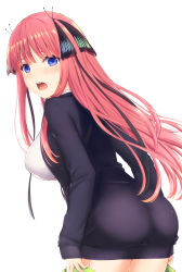 Rule 34 | 1girl, :o, absurdres, ass, black cardigan, black ribbon, blunt bangs, blush, breasts, butterfly hair ornament, cardigan, clothes pull, commentary request, covered erect nipples, cowboy shot, eyebrows hidden by hair, go-toubun no hanayome, green skirt, hair ornament, hair ribbon, highres, holding, holding clothes, holding skirt, inanaki shiki, large breasts, long hair, long sleeves, looking at viewer, nakano nino, open cardigan, open clothes, pink hair, ribbon, shirt, sidelocks, simple background, skirt, sleeves past wrists, solo, table, teeth, tongue, two side up, undressing, upper teeth only, white background, white shirt