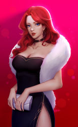 Rule 34 | 1girl, absurdres, alternate costume, artist name, black dress, blue eyes, breasts, cleavage, dress, earrings, highres, jewelry, kezi, large breasts, league of legends, lips, long hair, necklace, parted lips, red hair, miss fortune (league of legends), scarf, sleeveless, sleeveless dress, solo, white scarf