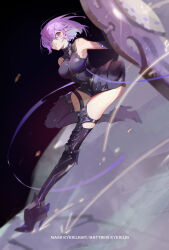 Rule 34 | 1girl, absurdres, armor, armored dress, asymmetrical bangs, bare shoulders, battle, black dress, black gloves, black thighhighs, boobplate, boots, breastplate, breasts, character name, commentary, dark background, determined, dress, elbow gloves, english text, engrish text, fate/grand order, fate (series), gloves, greaves, hair over one eye, high heel boots, high heels, highres, holding, holding shield, knee up, large breasts, leaning forward, looking at viewer, mash kyrielight, purple hair, ranguage, shield, short dress, short hair, solo, standing, standing on one leg, thick thighs, thigh boots, thigh strap, thighhighs, thighs, ziyi yoyi