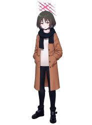 Rule 34 | 1girl, artpatient, black footwear, black hair, black pants, black scarf, blue archive, blush, boots, brown coat, coat, full body, halo, highres, long sleeves, looking at viewer, misaki (blue archive), open clothes, open coat, pants, parted lips, red eyes, red halo, scarf, short hair, simple background, solo, sweater, turtleneck, turtleneck sweater, white background, white sweater