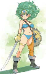 Rule 34 | 1girl, absurdres, arms at sides, asymmetrical clothes, belt, bikini, blue eyes, blue gemstone, boots, breasts, circlet, closed mouth, collarbone, commentary request, curly hair, detached sleeves, dragon quest, dragon quest iv, full body, gem, gloves, green bikini, green gloves, green hair, heroine (dq4), highres, holding, holding shield, holding sword, holding weapon, large breasts, light blush, looking to the side, muramasa mikado, orange sleeves, orange thighhighs, serious, shield, shoulder belt, single bare shoulder, single detached sleeve, single glove, single thighhigh, solo, standing, swimsuit, sword, thighhighs, thighlet, thighs, weapon
