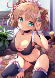 Rule 34 | 1girl, :3, ahoge, animal ear fluff, animal ears, bell, black bra, black footwear, black panties, black thighhighs, blush, bra, breasts, brown hair, cameltoe, cat ears, cat tail, choker, cleavage, cleft of venus, commentary request, covered erect nipples, fish hair ornament, frilled thighhighs, frills, green eyes, hair between eyes, hair ornament, hair ribbon, highres, kamikita komari, kneeling, large breasts, leaning forward, little busters!, looking at viewer, mikeou, navel, on floor, panties, plant, potted plant, red ribbon, ribbon, rug, short hair, short twintails, sitting, smile, solo, tail, tail ornament, tail ribbon, thighhighs, twintails, twitter username, underwear, wariza, window, wrist cuffs