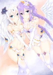 Rule 34 | 10s, 2girls, :o, angel wings, aqua eyes, asymmetrical docking, bikini, black heart (neptunia), blue eyes, blue gemstone, braid, breast press, breasts, bustier, circlet, cleavage, closed mouth, colored eyelashes, cowboy shot, detached collar, elbow gloves, feathered wings, female focus, flower, four goddesses online: cyber dimension neptune, garter belt, garter straps, gem, gloves, hair between eyes, hair flower, hair ornament, highres, holding hands, jewelry, long hair, looking at viewer, medium breasts, multiple girls, navel, neptune (neptunia), neptune (series), noire (neptunia), parted lips, purple eyes, purple hair, purple heart (neptunia), revealing clothes, see-through, shikapiro, smile, standing, stomach, swimsuit, symbol-shaped pupils, thighhighs, twin braids, very long hair, white bikini, white gloves, white hair, white legwear, white wings, wings, yuri