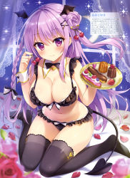 Rule 34 | 1girl, absurdres, ameto yuki, bare arms, bare shoulders, black bra, black thighhighs, bow, bow panties, bowtie, bra, braid, breasts, cherry, cleavage, closed mouth, cookie, demon tail, dengeki moeou, dessert, detached collar, doughnut, flower, food, food-themed hair ornament, frilled bra, frilled panties, frills, front-tie bra, front-tie top, fruit, hair bun, hair ornament, hairclip, hands up, head wings, highres, holding, large breasts, lingerie, long hair, looking at viewer, navel, no shoes, panties, petals, purple eyes, purple hair, rose, sidelocks, single hair bun, sitting, smile, solo, stomach, string bra, tail, thighhighs, thighs, tray, two side up, underwear, underwear only, very long hair, wariza, wings, wrist cuffs, x hair ornament