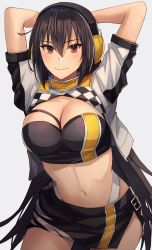Rule 34 | 1girl, alternate costume, arms behind head, bandeau, black bandeau, black hair, blush, breasts, brown eyes, cleavage, closed mouth, cowboy shot, crop top, grey background, hair between eyes, headphones, highres, kantai collection, kasumi (skchkko), large breasts, long hair, nagato (kancolle), navel, race queen, simple background, smile, solo