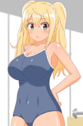 Rule 34 | 1girl, absurdres, armpits, bare shoulders, blonde hair, blurry, blurry background, blush, breasts, covered navel, dark-skinned female, dark skin, dumbbell nan kilo moteru?, female focus, green eyes, hand on own hip, highres, indoors, large breasts, long hair, looking at viewer, one-piece swimsuit, parted lips, poa mellhen, sakura hibiki, school swimsuit, solo, standing, swimsuit, twintails, weights