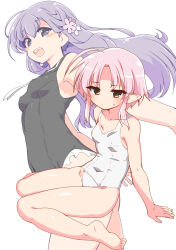 Rule 34 | 2girls, ahoge, alternate costume, alternate hair length, alternate hairstyle, arm support, barefoot, black eyes, black one-piece swimsuit, black sailor collar, blush, blush stickers, breasts, cherry blossoms, closed mouth, commentary request, covered navel, curtained hair, floating hair, flower, frilled one-piece swimsuit, frills, hair flower, hair ornament, highres, jitome, kasukeomote, kazahana yuki, light frown, long hair, long pointy ears, looking at viewer, multiple girls, necktie, old school swimsuit, one-piece swimsuit, onikko hunter tsuina-chan, open mouth, pink hair, pointy ears, projected inset, purple hair, sailor collar, sailor one-piece swimsuit, school swimsuit, short hair with long locks, simple background, sitting, small breasts, smile, sweatdrop, swimsuit, tsuina-chan, voiceroid, wariza, white background, white necktie, white one-piece swimsuit, yellow eyes